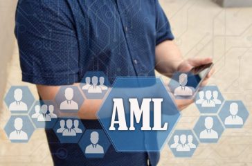 Anti-money laundering. AML on the touch screen with a blur background of the businessman with the phone.The concept of AML, Anti-money laundering