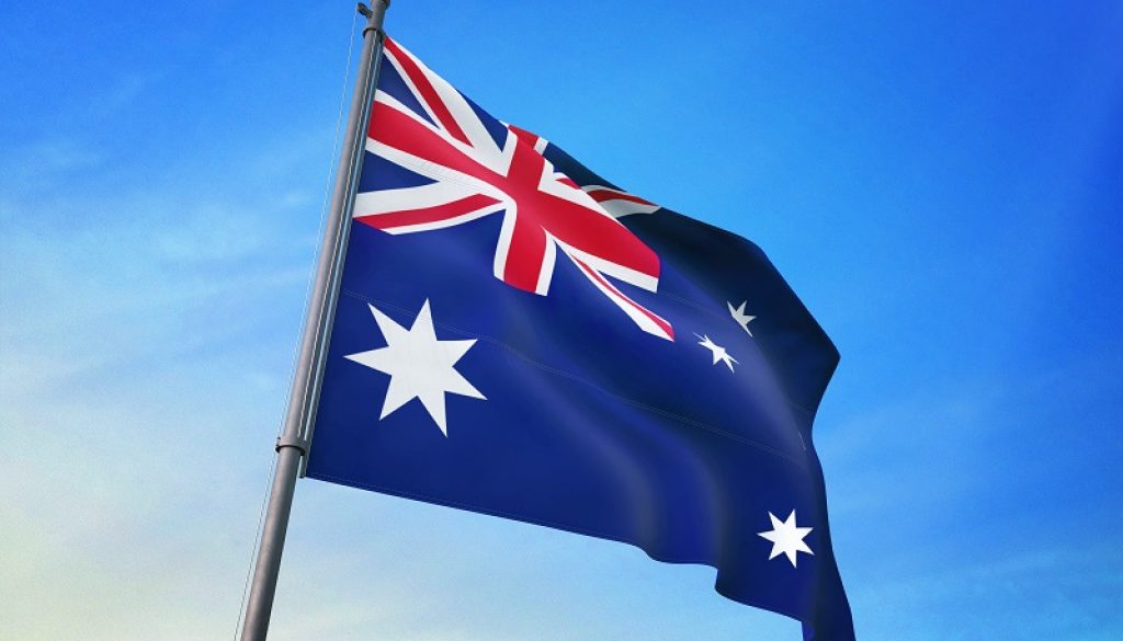 Australia flag waving on the blue sky 3D illustration