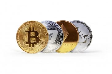 Bitcoin, Dash, Ethereum and Lite coins. Set of popular cryptocurrencies. Isolated on white background.