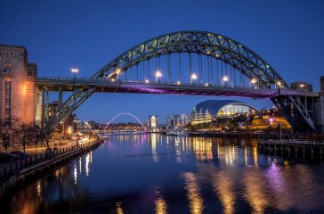 NEWCASTLE UPON TYNE, TYNE AND WEAR/UK - JANUARY 20 : View of the Tyne and Millennium Bridges at dusk in Newcastle upon Tyne, Tyne and Wear on January 20, 2018