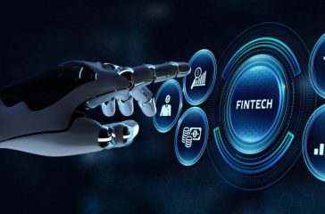 Fintech -financial technology concept. Robot pressing button on